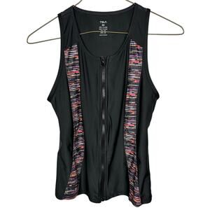 TSLA Black Multi Color Front Zipper Closure Hidden Cami Scoop Neck Top Womens XL